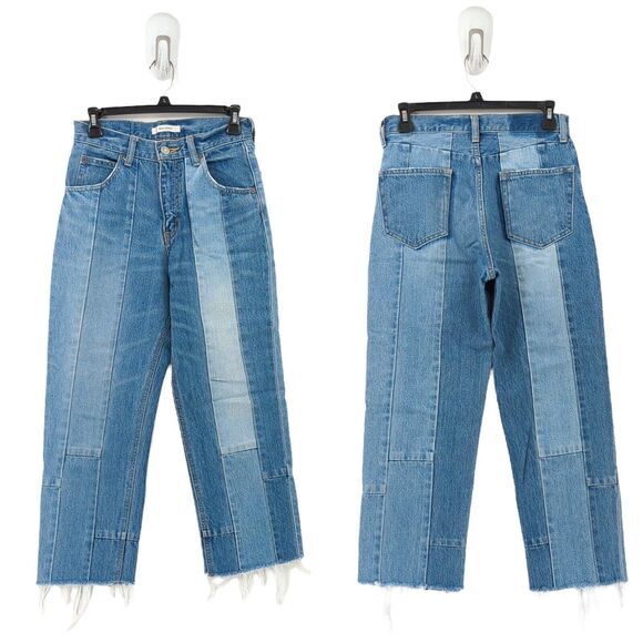 Moussy Women 25 Jeans Blue Straight Leg Patchwork Raw Hem Cotton 010ASH11-0600 - Picture 1 of 9